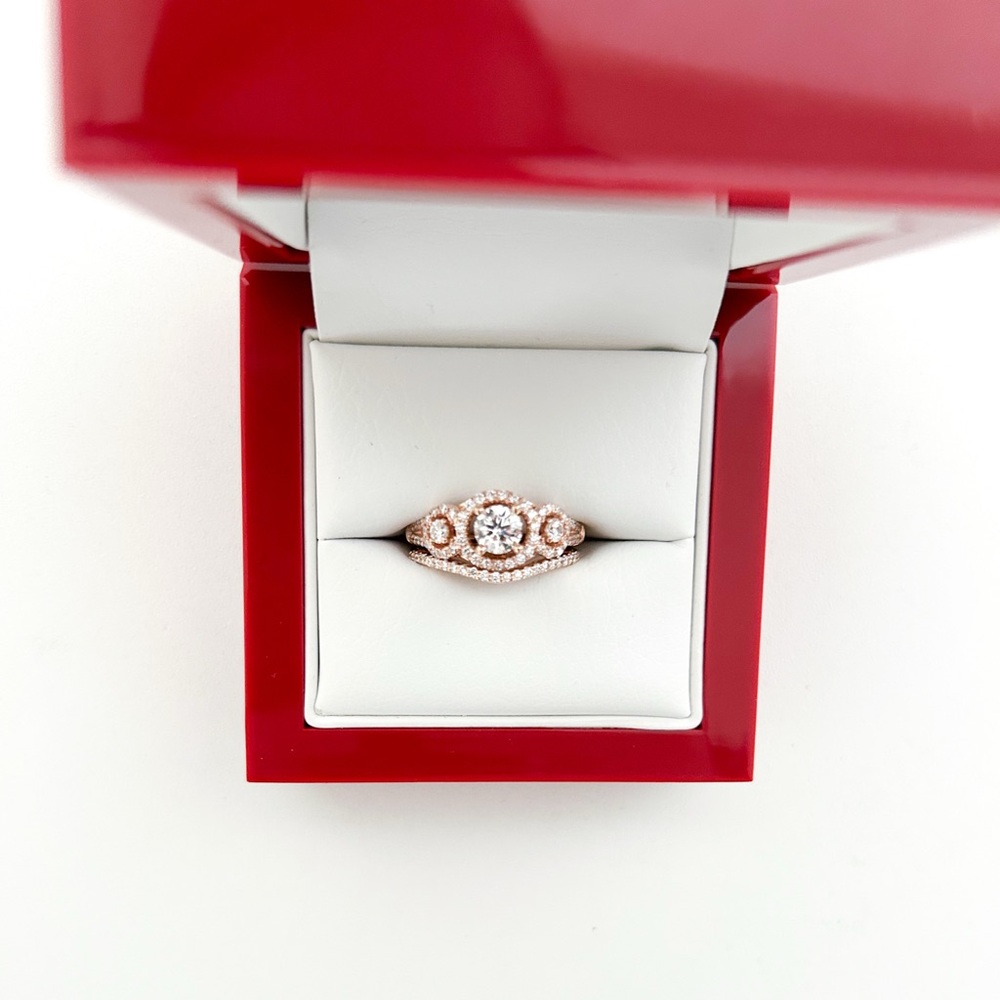 Rose Gold 14K Three Stone Diamond Halo Pave Engagement Ring Wedding Band Set - Picture 3 of 13
